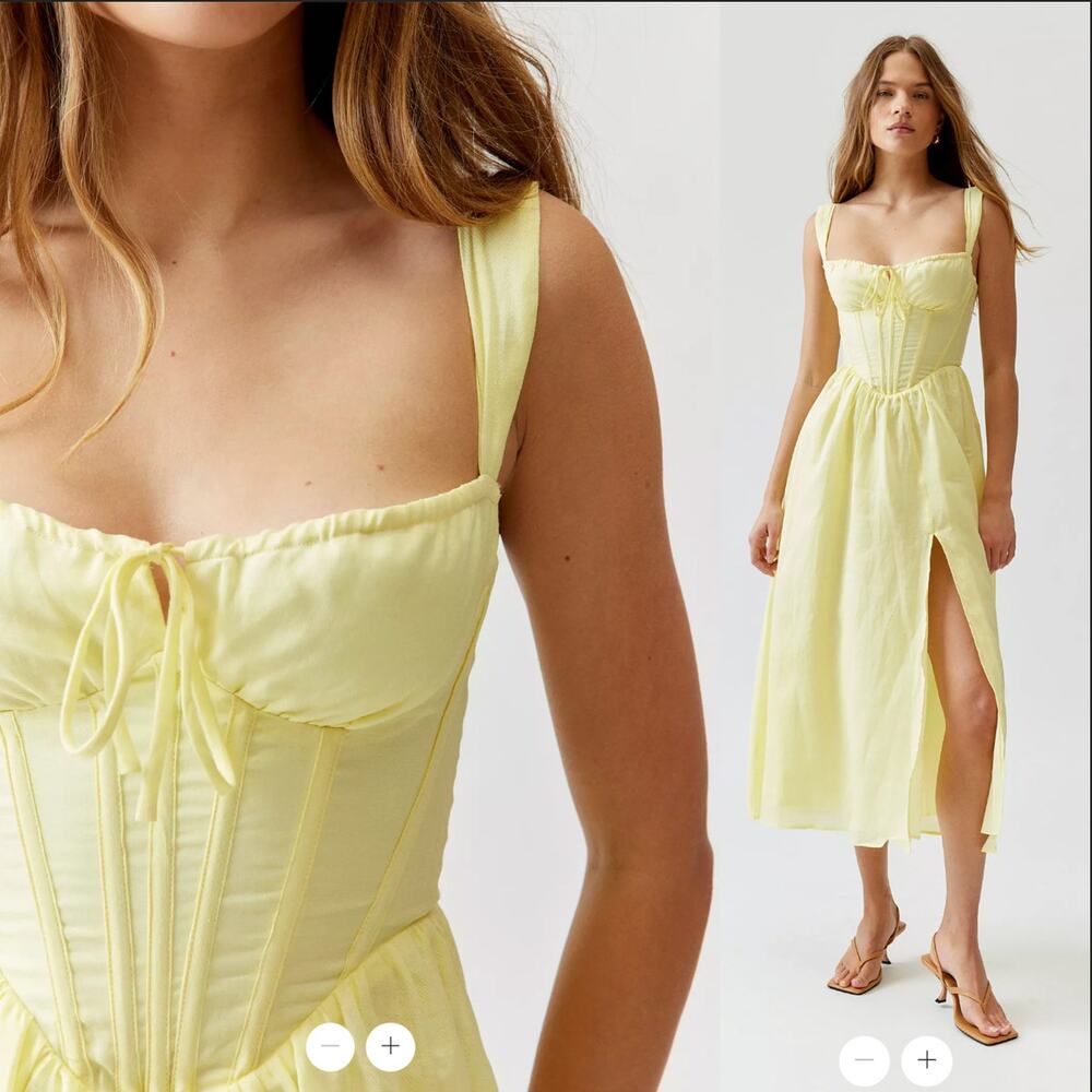Revolve Bardot 6 Esra Corset Midi Dress $199 Fit&Flare Full Skirt Butter Yellow